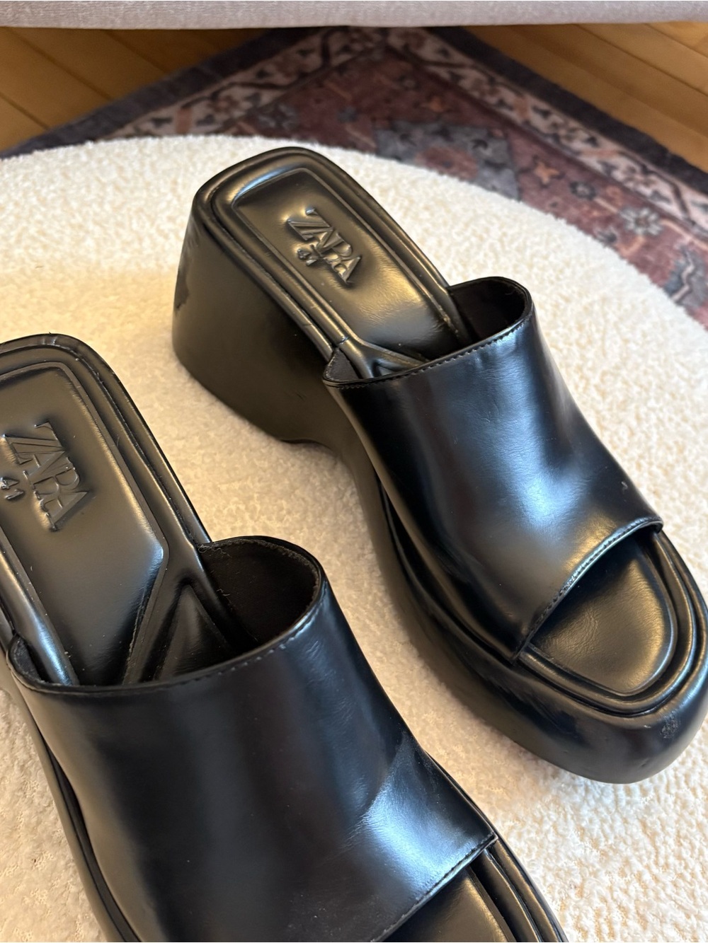 Zara Black Leather Platform Mule Sandals - Picture 2 of 5